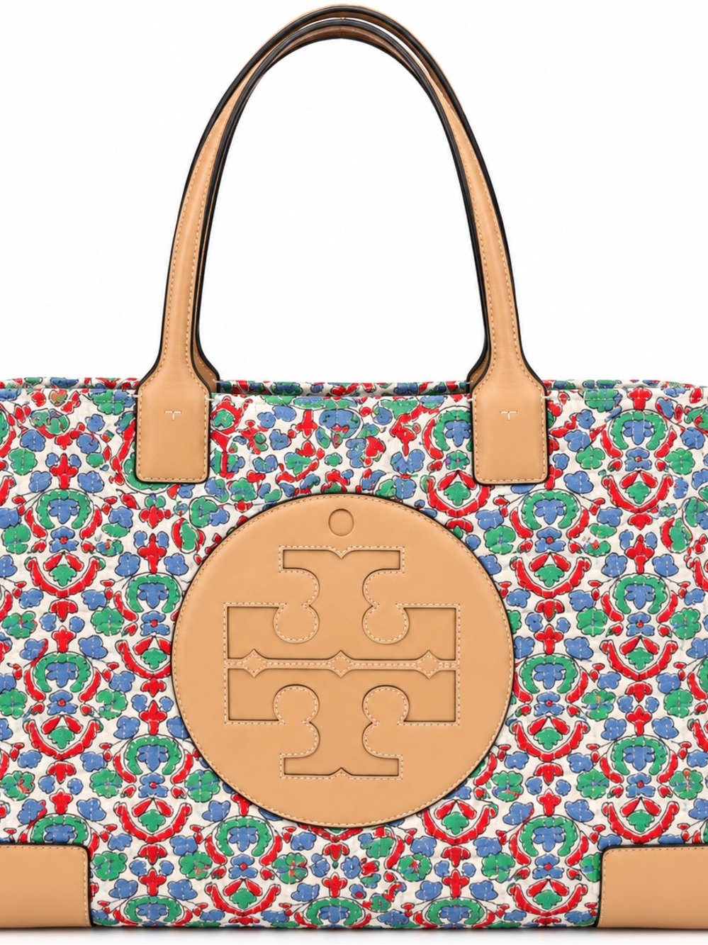 Tory Burch Multicolor Floral Print Tote with Tan Leather Logo